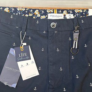 NWT Denim & Flower Ricky Singh Men's Shorts Blue Floral W/ Key Holder SZ 38